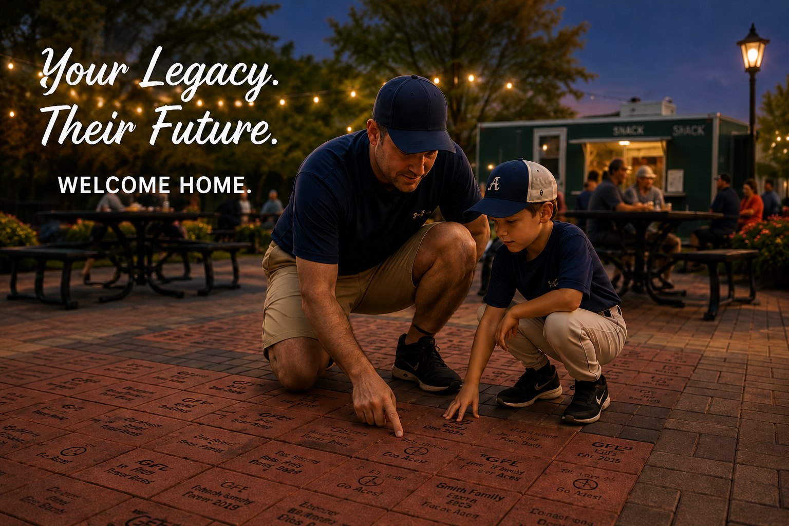 A father and son crouched together reading the engraved names on bricks at the Home Plate Legacy Project patio at Nike Park, with the Snack Shack and string lights glowing behind them at dusk.