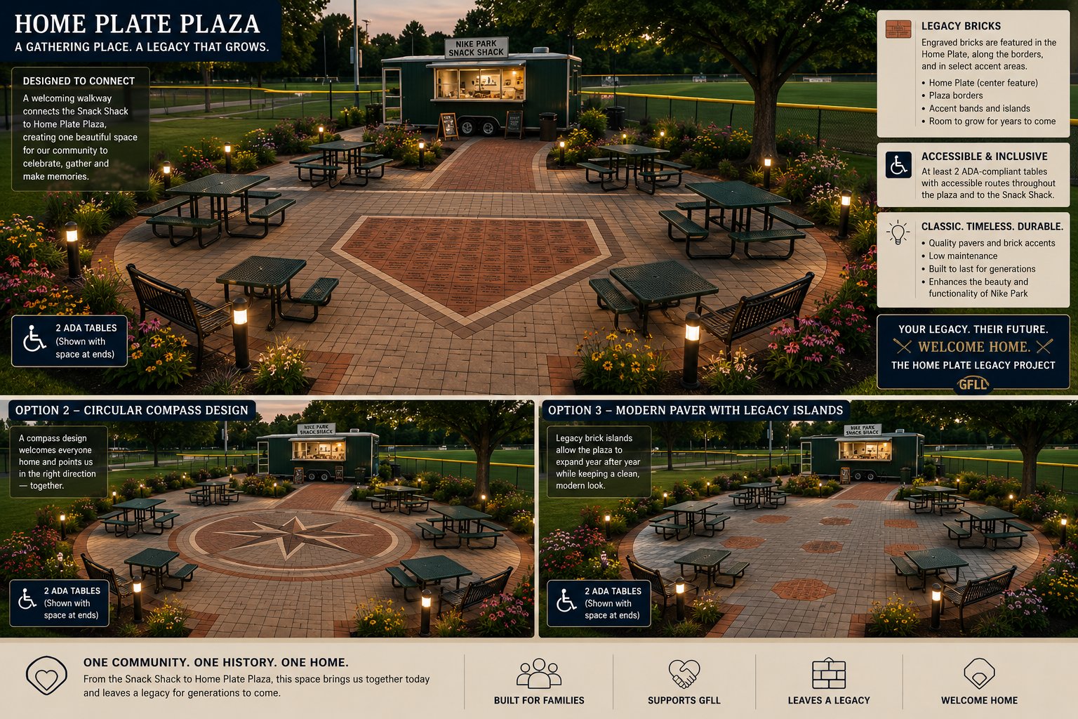 Home Plate Plaza design board, showing the main rendering of the brick-paved gathering area next to the Nike Park snack shack, along with two alternate layout options and design notes on materials, accessibility, and legacy brick placement.