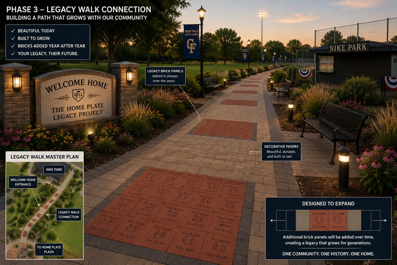 Annotated concept board for the Legacy Walk Connection, showing a lamplit paver walkway with engraved brick panels, a master site plan inset, and notes on how additional brick panels will be added over time.