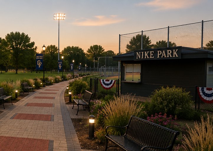 Rendering of a lamplit paver walkway lined with benches and landscaping, with engraved brick panels set into the path, connecting toward Nike Park at dusk.