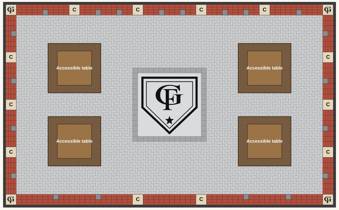 To-scale concept plan of the Home Plate Legacy Plaza seen from above: a border of four rows of red Family Bricks with GF monogram corner stones, twelve beige Founder's Capstones and twenty gray Legacy Stones, a gray herringbone field, four accessible picnic tables, and an 8-foot home plate with the GF monogram at the center.