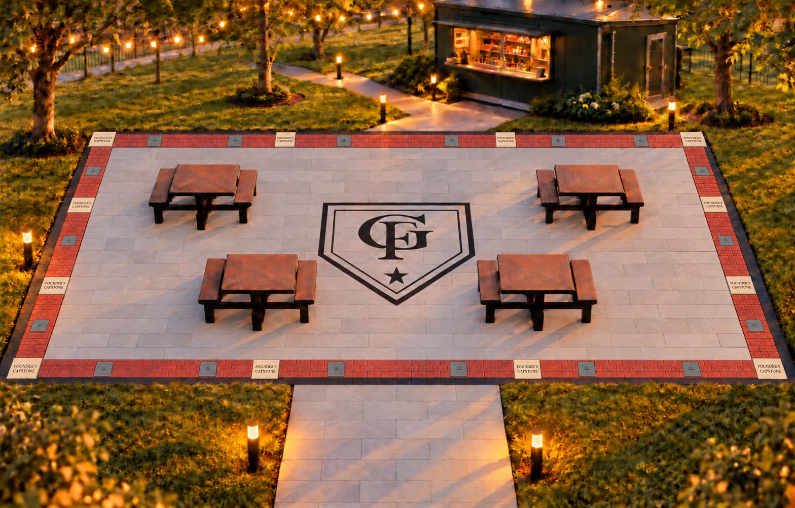 Rendering of the planned Home Plate Legacy Plaza at Nike Park at golden hour: a roughly 41 by 25 foot plaza with a border of engraved red Family Bricks, twelve beige Founder's Capstones, gray Legacy Stones set into the border, large gray pavers, a home plate with the GF monogram at the center and four accessible picnic tables, with the Snack Shack behind.