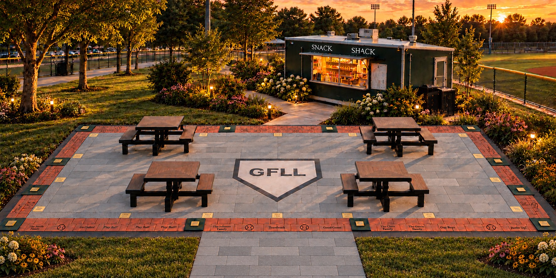 Concept rendering of the planned Home Plate Legacy Plaza at Nike Park at dusk: a roughly 41 by 25 foot plaza with a border of engraved Family Bricks, Legacy Stones, twelve Founder's Capstones, a home plate at the center and four accessible picnic tables, with the snack shack behind.